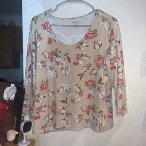 Karen Scott Beige Floral Long Sleeve Top